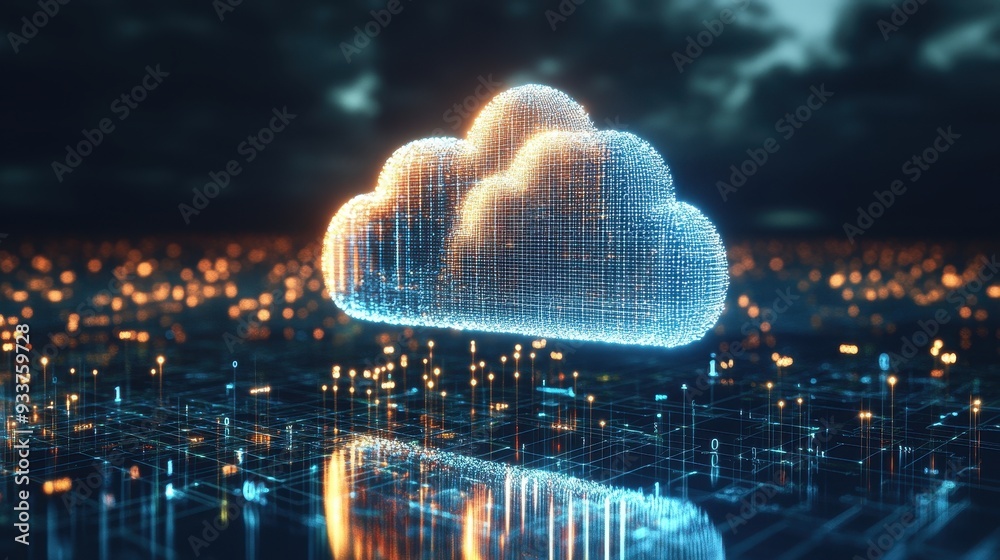 Fototapete digital cloud icon over a futuristic cityscape, representing cloud computing and data storage integr
