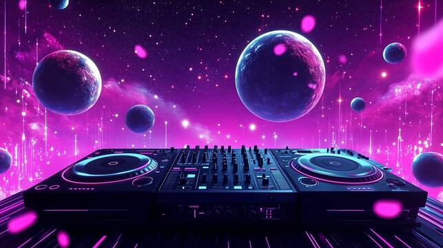 Vibrant 3D rendering featuring a neon-lit DJ deck and disco ball with floating planets in pink, purple, and blue hues. This atmospheric digital scene, bathed in soft light, evokes a lively nightclub o