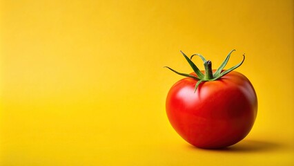 Red tomato with green stalk isolated on bright yellow background, ingredient, stalk, round,tomato, fresh, wide-angle, studio shot, shiny, single, vibrant, nutrition, natural, colorful