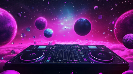 Obraz premium Vibrant 3D rendering featuring a neon-lit DJ deck and disco ball with floating planets in pink, purple, and blue hues. This atmospheric digital scene, bathed in soft light, evokes a lively nightclub o