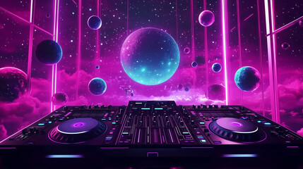 Vibrant 3D rendering featuring a neon-lit DJ deck and disco ball with floating planets in pink, purple, and blue hues. This atmospheric digital scene, bathed in soft light, evokes a lively nightclub o