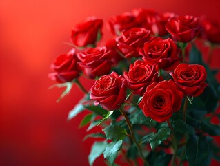 Obraz premium A bunch of red roses in a vase on a red background