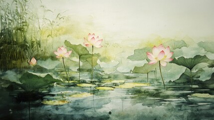 Watercolor depiction of lotus flowers in a tranquil pond