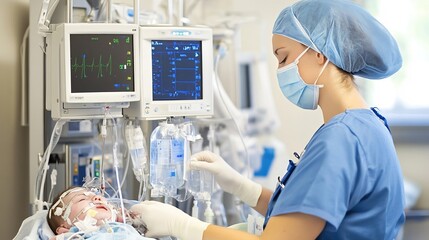 Pediatric ICU nurse a PICU caring for a critically ill child