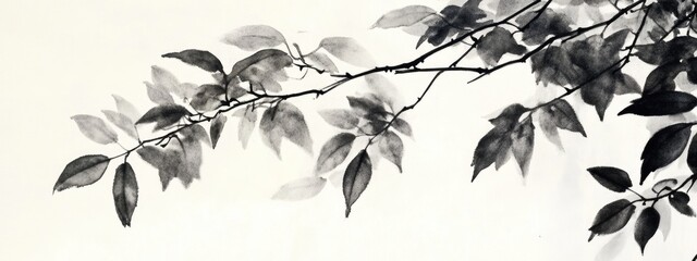 Watercolor and ink depiction of tree leaves in sumi e style reflecting traditional eastern art