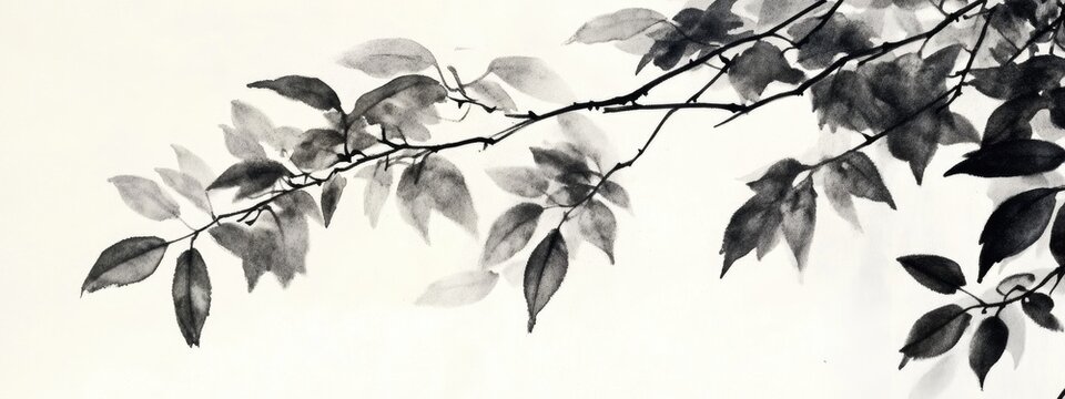 Watercolor and ink depiction of tree leaves in sumi e style reflecting traditional eastern art