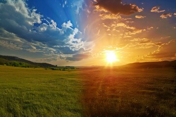 Comparison of two time of landscape view in the day light and the sunny day with beautiful of grass and mountain