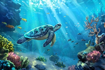 Fototapeta premium Scene of big turtle swimming in the ocean sea 