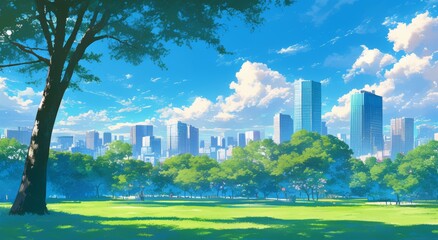 Anime-Style City Skyline with Tall Buildings and Green Trees in a Park, Featuring White Clouds and a Bright Blue Sky