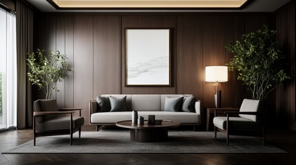 Fototapeta premium Elegant modern living room with stylish furniture, wooden panels, indoor plants, and soft lighting creating a cozy and sophisticated ambiance.