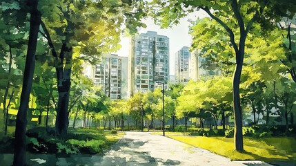 Obraz premium A green city with eco-friendly buildings and tree-lined streets, watercolor effect, professional lighting and shadow work