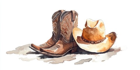 Watercolor depiction of cowboy boots and a hat Artwork set against a white backdrop