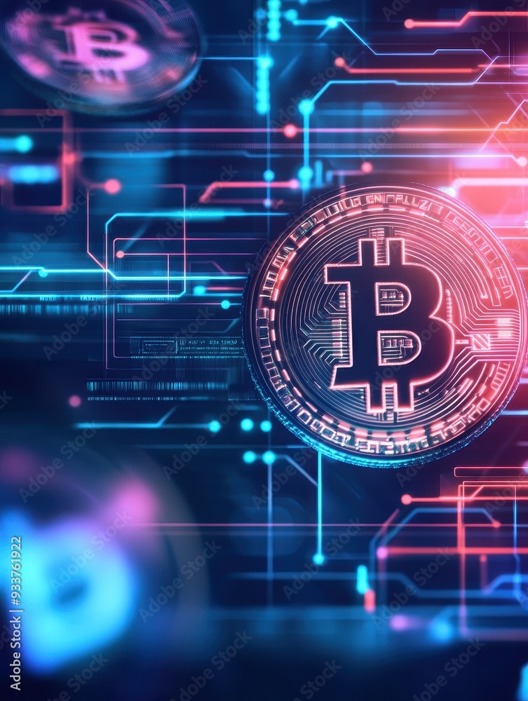 Poster futuristic bitcoin cryptocurrency digital representation with blockchain technology and glowing neon