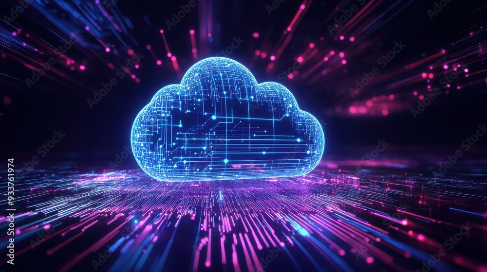 Leinwandbilder Futuristic concept of cloud computing with vibrant neon colors, showcasing digital technology and data transfer in a dynamic environment.