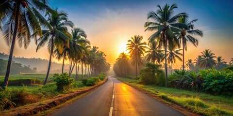 Fototapeta premium Road leading to Agonda village in Goa during sunrise in the tropics of India, Tropical, India, Goa, Agonda, sunrise