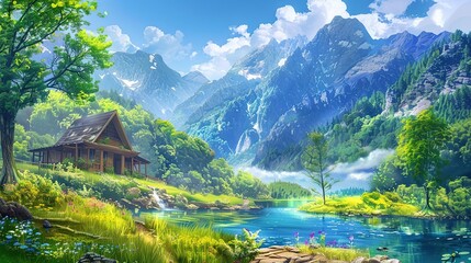 Fototapeta premium Mountain Cabin Illustration with River and Forest