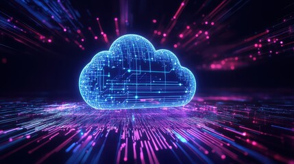 Futuristic concept of cloud computing with vibrant neon colors, showcasing digital technology and data transfer in a dynamic environment.