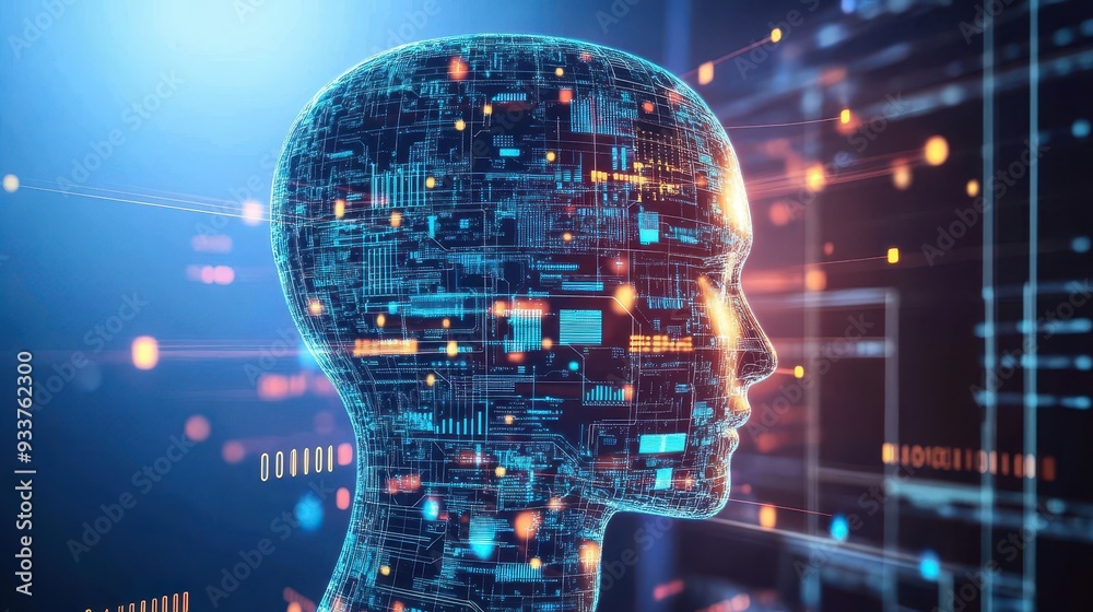 Fototapete futuristic digital human head with intricate network of circuits and data, symbolizing artificial in