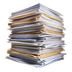 A large, towering stack of documents and folders, representing a heavy workload. Transparent background