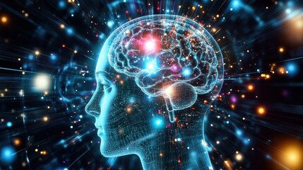Obraz premium Futuristic image of a human brain with neural pathways, glowing lights symbolizing AI, technology, and innovation in modern science.