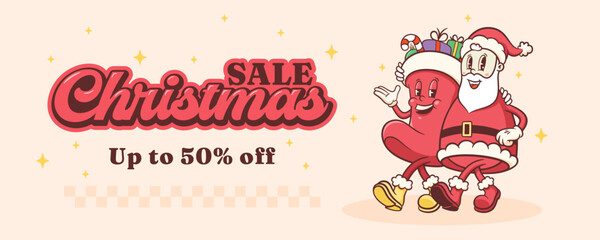 Christmas Groovy Santa and Gift Sock Retro Characters. Cartoon Xmas Personage Banner. Vector Winter Holiday Mascot Template Background. Happy Vintage Cool Illustration Isolated
