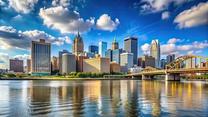 river,Pittsburgh, architecture, landscape, urban development, USA, modern, A photo capturing the magnificent downtown skyline of Pittsburgh as viewed from eye level by the river
