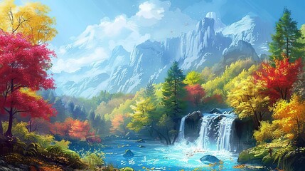 Autumn Landscape Illustration with Waterfall, Mountains, and Trees