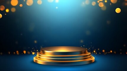 A golden podium with three tiers sits on a blue background with bokeh effects.