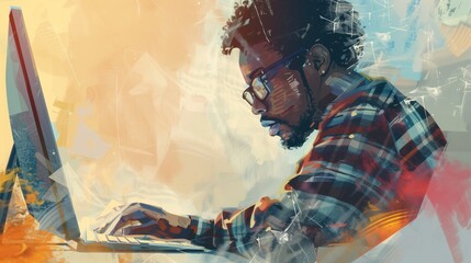 Focused man in glasses working on laptop with abstract colorful background. Concepts of creativity, digital work, and concentration.