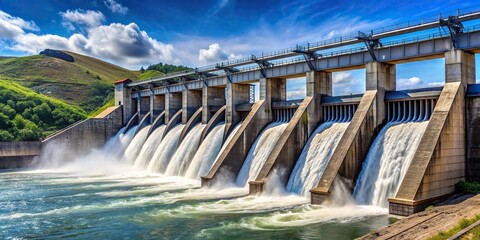 Hydroelectric dam with multiple spillways releasing water flow, architectural design., infrastructure, engineering, renewable energy, hydrology, flowing water, spillways