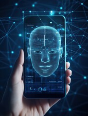 Hand holding smartphone with holographic face recognition technology and glowing network background, symbolizing modern biometric security.