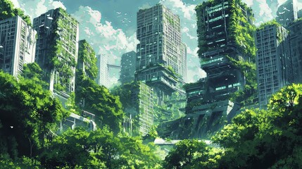 A futuristic city with green buildings and lush greenery, watercolor style, dynamic lighting and subtle shadows for a realistic feel
