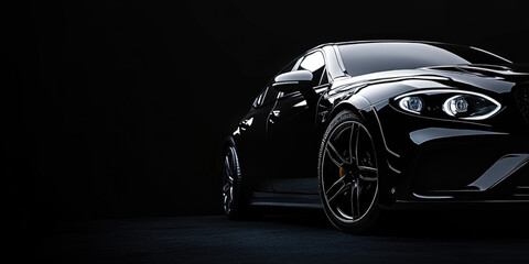 Black sports car standing in a dark studio setting