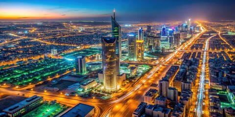 Obraz premium Vibrant aerial view of Saudi Arabia at night showcasing city lights and urban development, Saudi Arabia, Earth