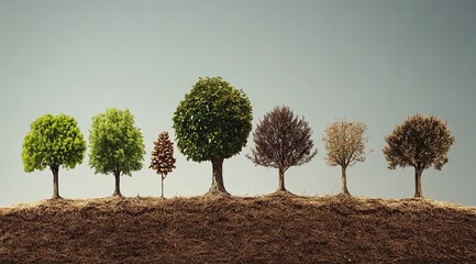 Obraz premium This illustration portrays the life cycle of a tree, depicted through three stages: from a young sapling on the left, a fully mature tree in the middle, to an older tree on the right,