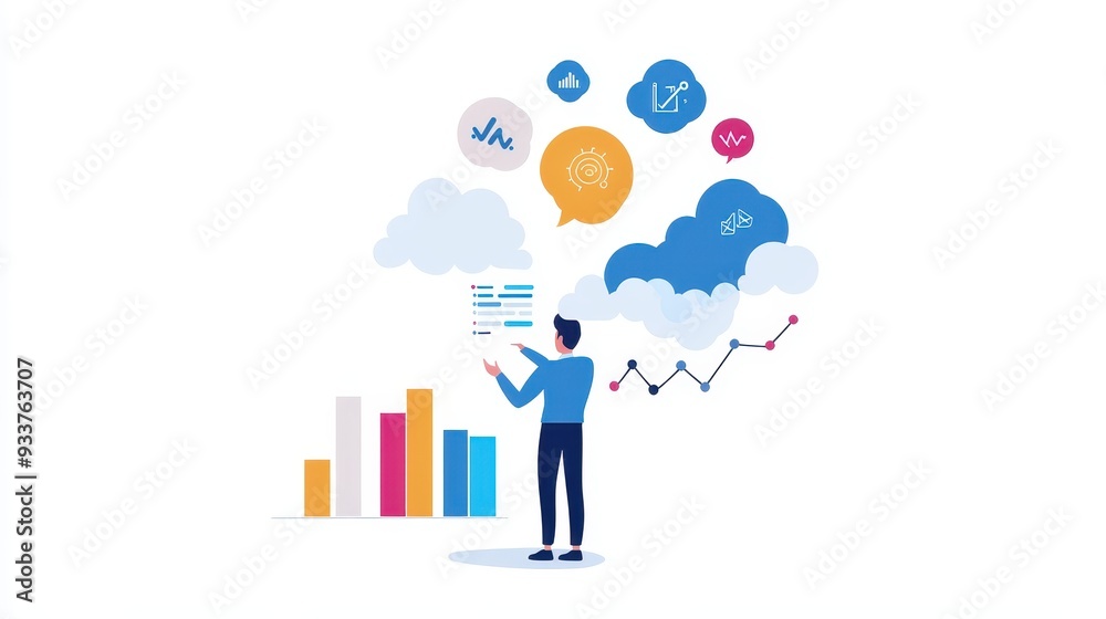 Leinwandbilder Illustration of a person analyzing data with graphs and charts in a cloud computing environment.