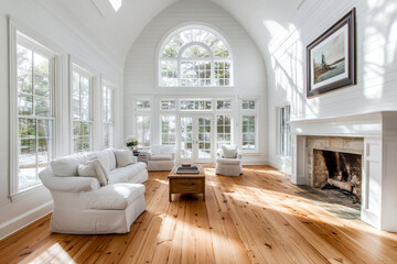 Cape Cod Interior Design.  Generated image.  A digital illustration of a lovely home interior in the Cape Code interior design.