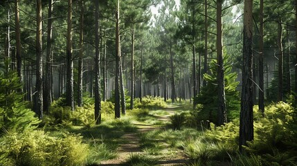 Obraz premium Forest Path Through Tall Pine Trees - Realistic 3D Image
