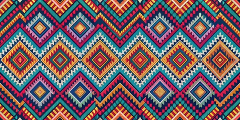 Fototapeta premium Colorful geometric fabric pattern design, geometric, fabric, pattern, colorful, design, textile, abstract, background, texture