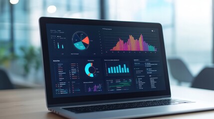 Laptop displaying colorful charts and graphs, perfect for data analysis, business trends, and financial reports in a modern workspace.
