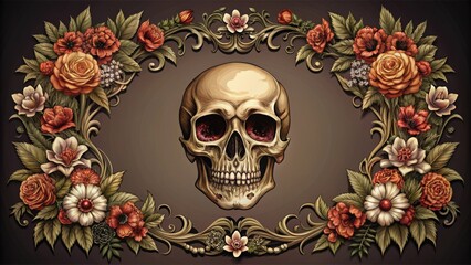 Skull frame with floral elements, perfect for Halloween or gothic themed designs, skull, frame, floral, Halloween, gothic, decoration