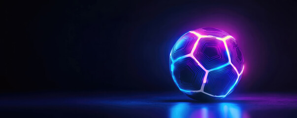 Futuristic soccer ball shining in dark background with copy space