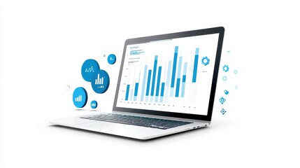 Laptop displaying data analytics and business growth charts, representing modern technology and digital market analysis on a white background.