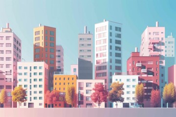 Obraz premium Colorful abstract city skyline with pastel colored buildings and autumn trees in a vibrant setting