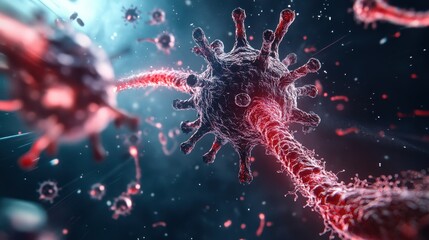 Microscopic view of a virus with red and blue hues, showcasing detailed structure and spreading branches, representing infection and disease.