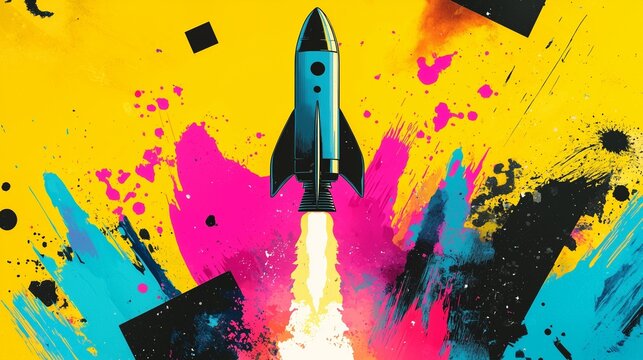 A rocket launching amidst vibrant splashes of color, symbolizing the energetic and dynamic nature of startups.