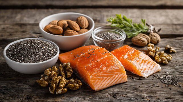 Raw salmon fillet with chia seeds, almonds, and walnuts on rustic table