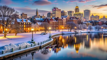 Snow-covered historic buildings and frozen Charles River shoreline create a serene winter wonderland scene in the heart of bustling Boston, Massachusetts, at dawn.