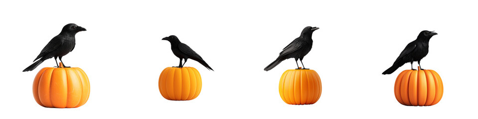 Fototapeta premium A whimsical Halloween scene featuring crows perched on pumpkins, perfect for fall and festive decorations.