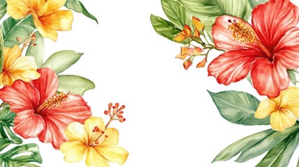 Fototapeta premium Tropical botanical flowers in red and yellow Isolated wild spring leaves and wildflowers Set of watercolor background illustrations Fashionable watercolor drawing Square frame border ornament